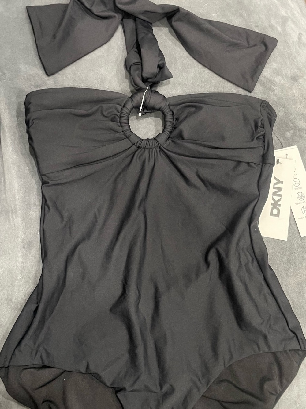 DKNY Black Halter Bodysuit with Center Ring